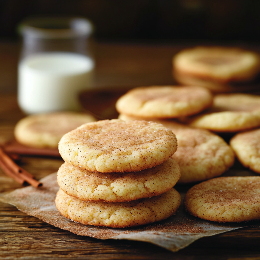 Freshly baked snickerdoodle cookies with a crackled cinnamon-sugar coating, arranged on a rustic kitchen table. The cookies are soft and slightly chewy, with a light dusting of cinnamon, creating a warm and nostalgic atmosphere