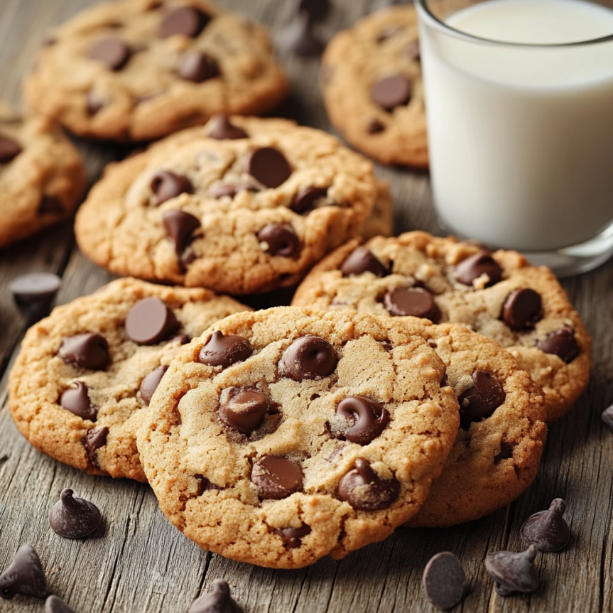Freshly baked Crisco chocolate chip cookies on a rustic wooden table, with golden-brown edges and gooey chocolate chips. The cookies are soft and chewy, with a glass of milk beside them, creating a warm and nostalgic baking atmosphere.