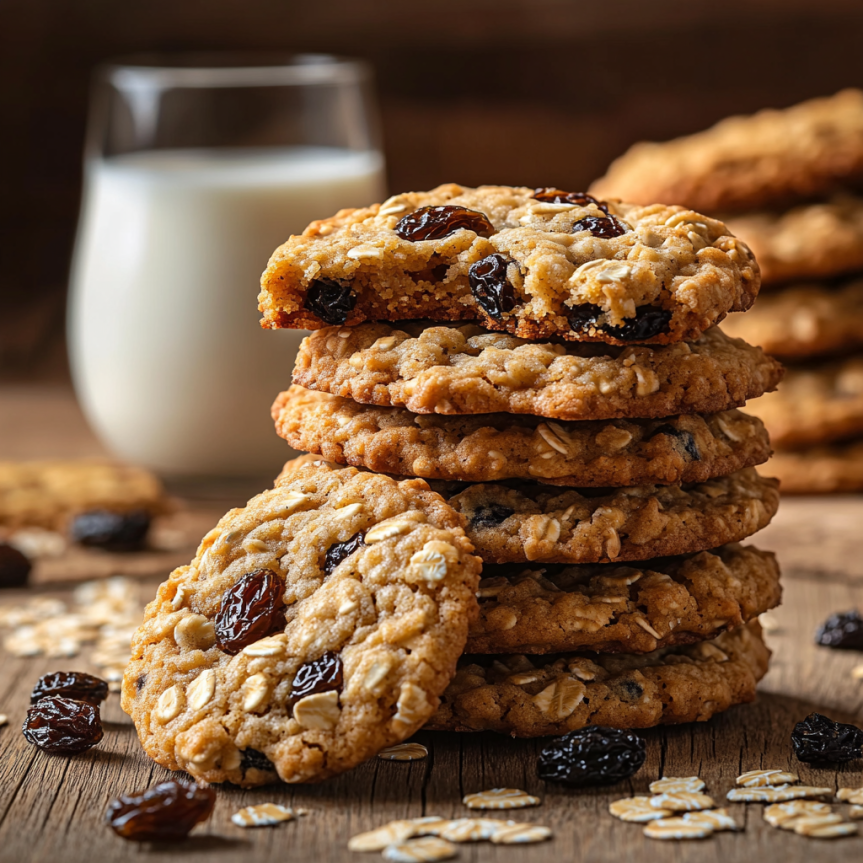 Freshly baked oatmeal raisin cookies arranged on a rustic wooden table, showcasing golden-brown edges, chewy oats, and plump raisins. A glass of milk and scattered oats and raisins add to the cozy, homemade atmosphere."