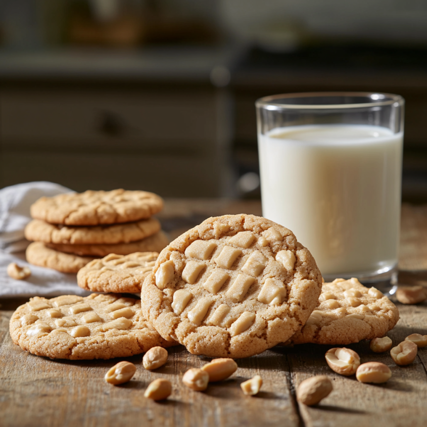 Freshly baked peanut butter cookies with a golden-brown color, featuring a classic crisscross pattern, arranged on a rustic kitchen table. A glass of milk is placed beside the cookies, evoking a warm, nostalgic baking atmosphere.