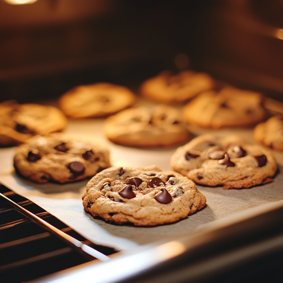 A batch of chocolate chip cookies baking in an oven, with golden-brown edges and slightly soft centers, illuminated by a warm oven light to indicate perfect doneness.