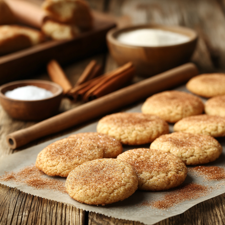 A close-up of freshly baked snickerdoodle cookies, golden brown and coated in a sparkling cinnamon-sugar crust, placed on a rustic wooden table with bowls of cinnamon, sugar, and cream of tartar in the background.