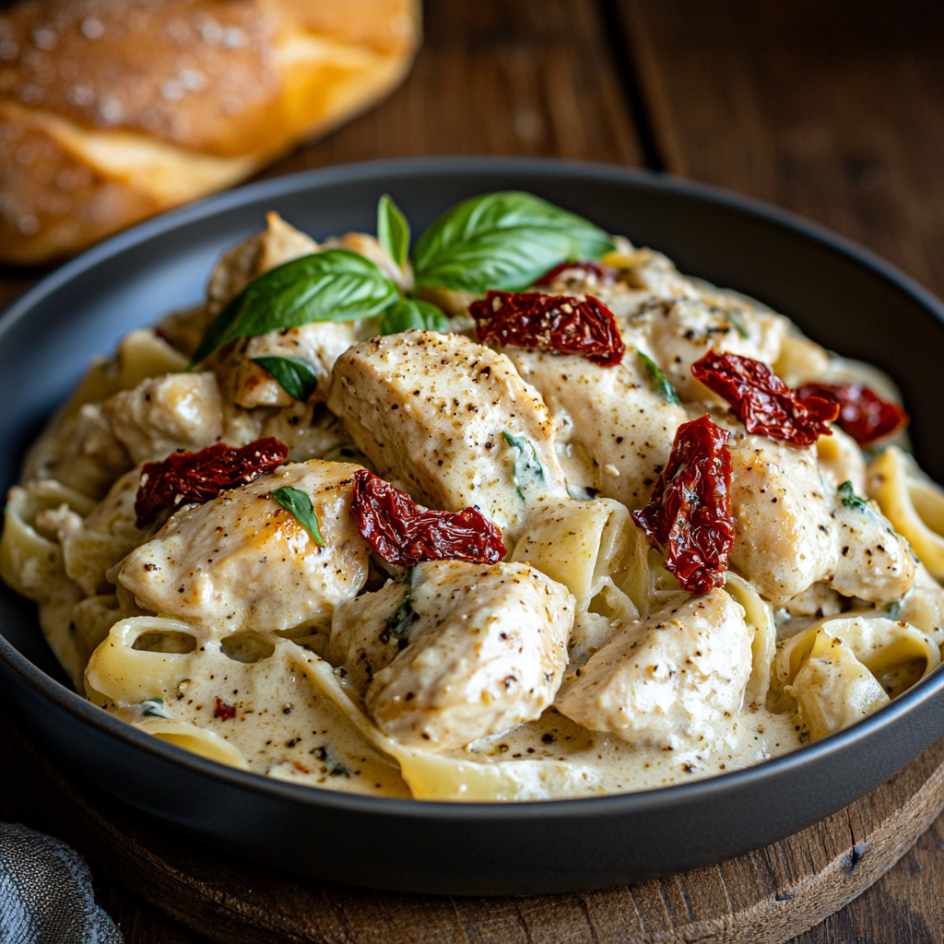 A plate of Marry Me Chicken Pasta featuring tender chicken pieces coated in a creamy Parmesan sauce with sun-dried tomatoes and fresh basil, served over perfectly cooked pasta on a rustic wooden table with a side of garlic bread.