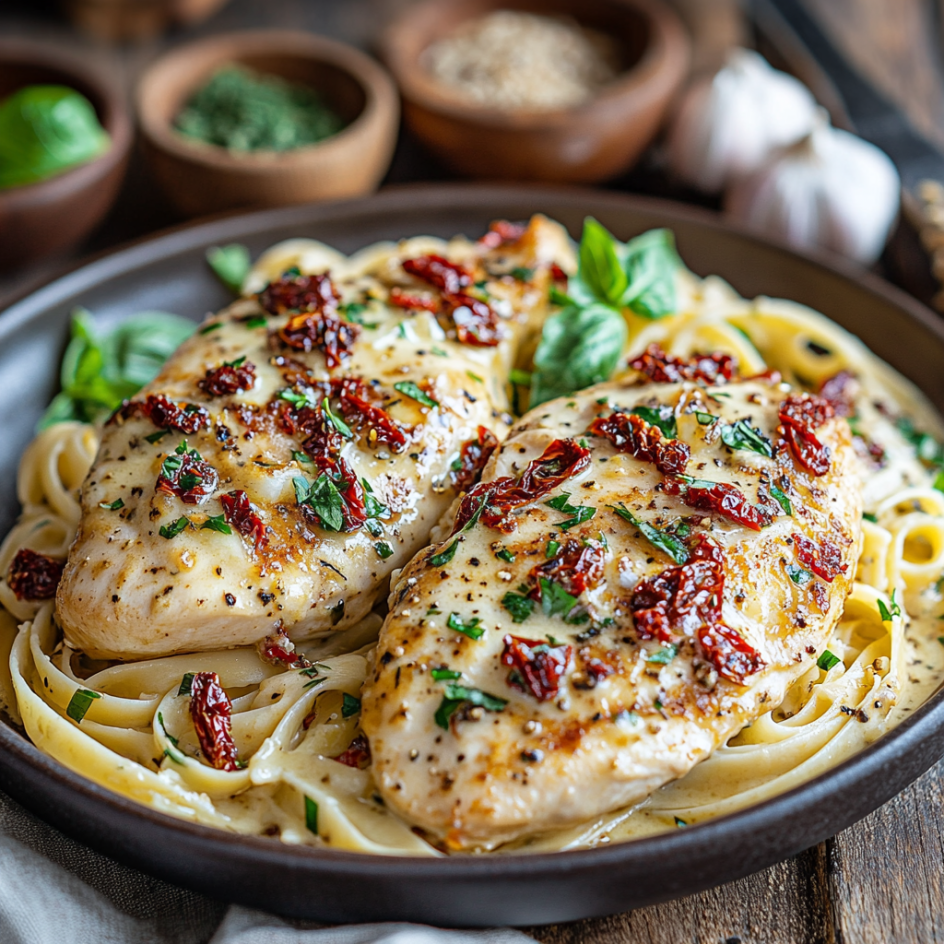 A plated dish of Marry Me Chicken featuring golden-seared chicken breasts smothered in creamy sauce with sun-dried tomatoes and fresh herbs, served over fettuccine pasta on a rustic wooden table.