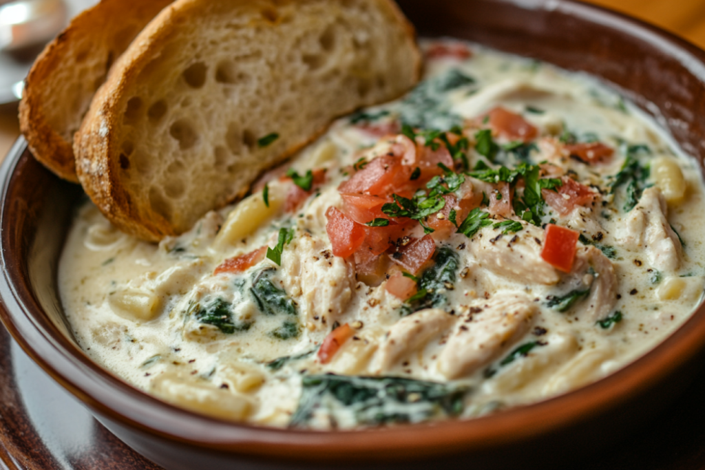 Creamy chicken spinach pasta dish served in a white bowl.