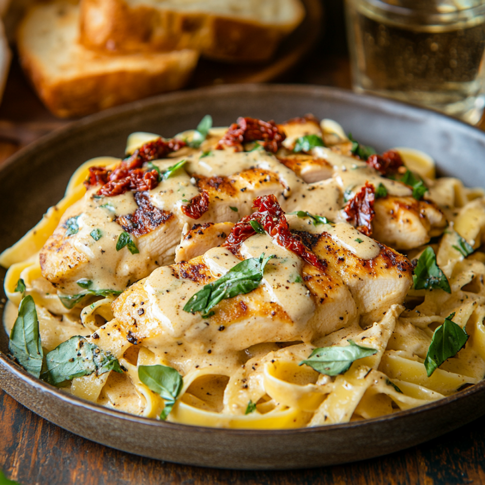 A beautifully plated dish of Marry Me Chicken Pasta featuring golden-seared chicken breasts topped with creamy sauce and sun-dried tomatoes, served over fettuccine pasta, garnished with fresh basil and Parmesan, set on a rustic wooden table with a romantic ambiance.
