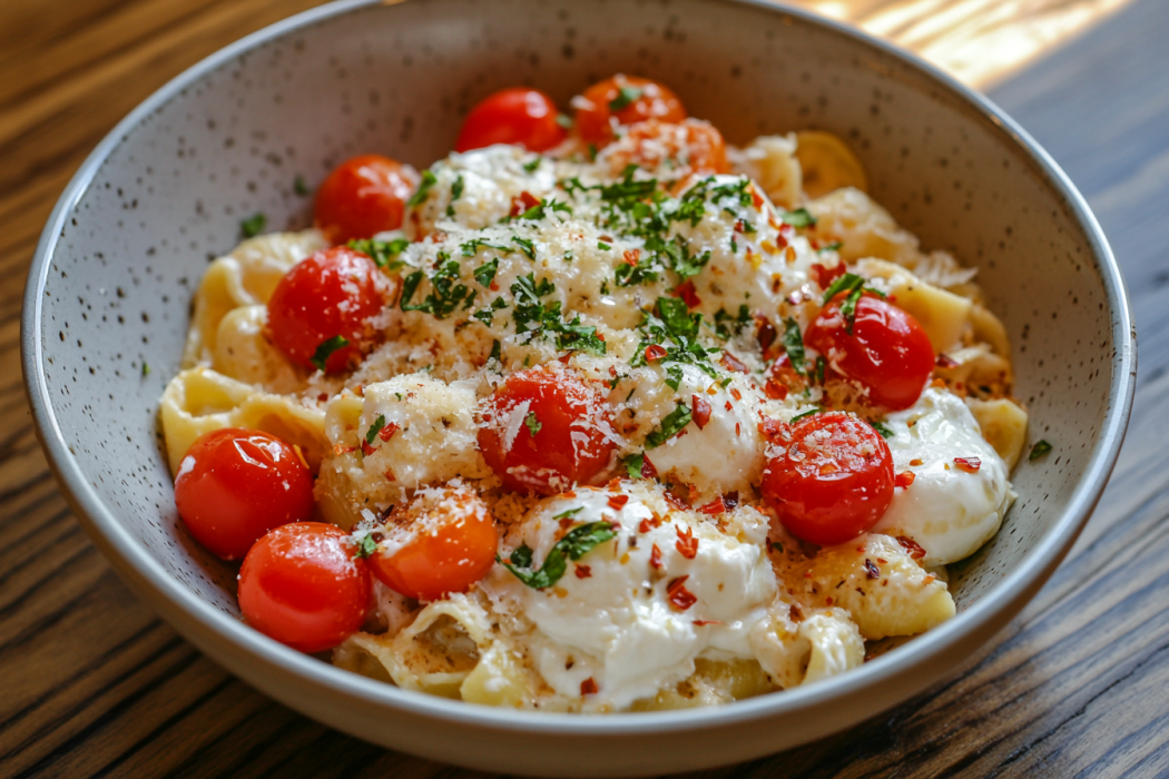 Creamy burrata pasta, showcasing its delicious ingredients.