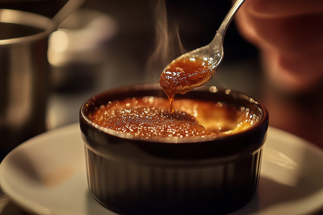 A close-up illustrating what differentiates crème brûlée from custard, with a focus on the caramelized sugar topping