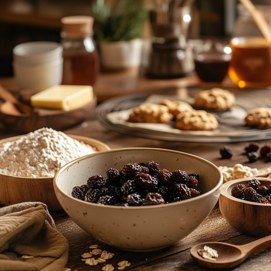 A cozy kitchen scene showing a variety of methods for soaking raisins before baking cookies. Bowls with raisins soaking in warm water, fruit juice, and tea are displayed alongside other cookie ingredients like flour, oats, and a cooling rack with freshly baked oatmeal raisin cookies. The natural lighting adds a warm, inviting atmosphere.