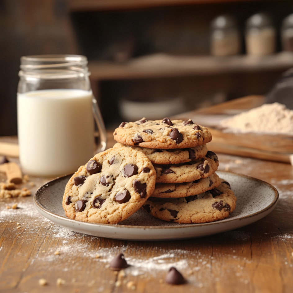 Freshly baked homemade chocolate chip cookies stacked on a plate, with a glass of milk beside them and some cookie crumbs scattered around, set in a cozy kitchen environment with baking tools in the background.