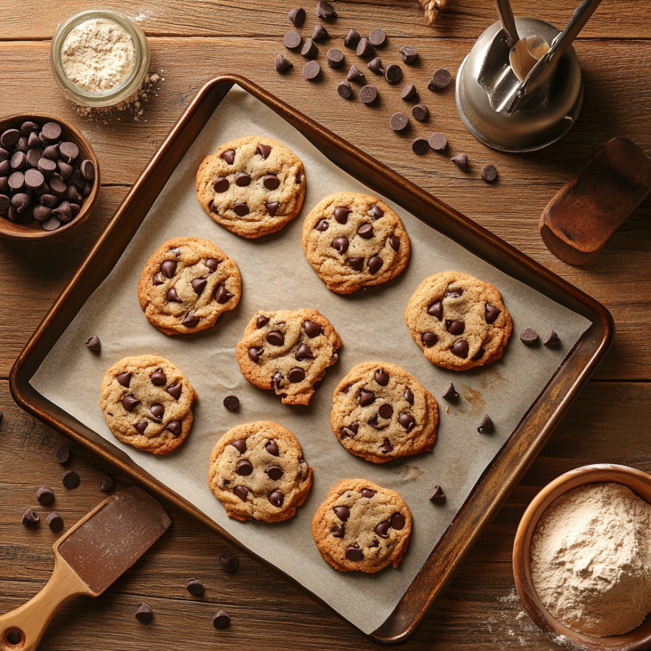 Flat chocolate chip cookies spread out on a parchment-lined baking sheet, showing a golden-brown color with thin, crispy edges, set in a cozy kitchen environment with scattered flour and baking tools in the background.