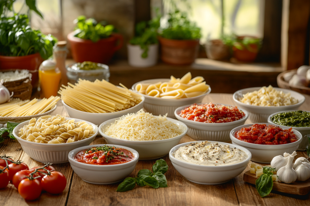 A variety of pasta types arranged on a wooden table, with matching sauces in bowls, including tomato-based, creamy Alfredo, and pesto.