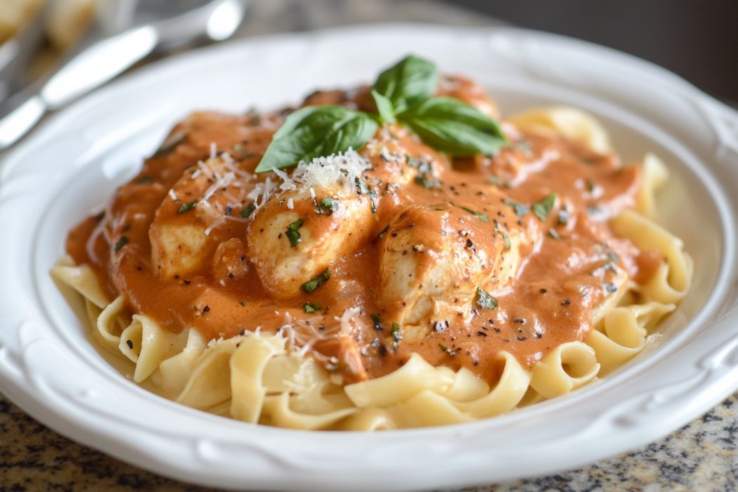 A comforting dish of Marry Me Chicken served with a creamy, thick tomato and Parmesan sauce, garnished with fresh basil, displayed on a wooden kitchen table.