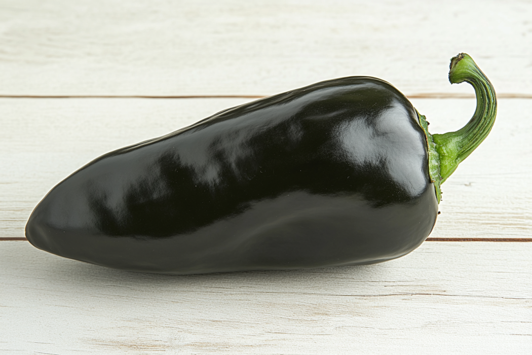 A close-up of a poblano pepper, showing its dark green skin.