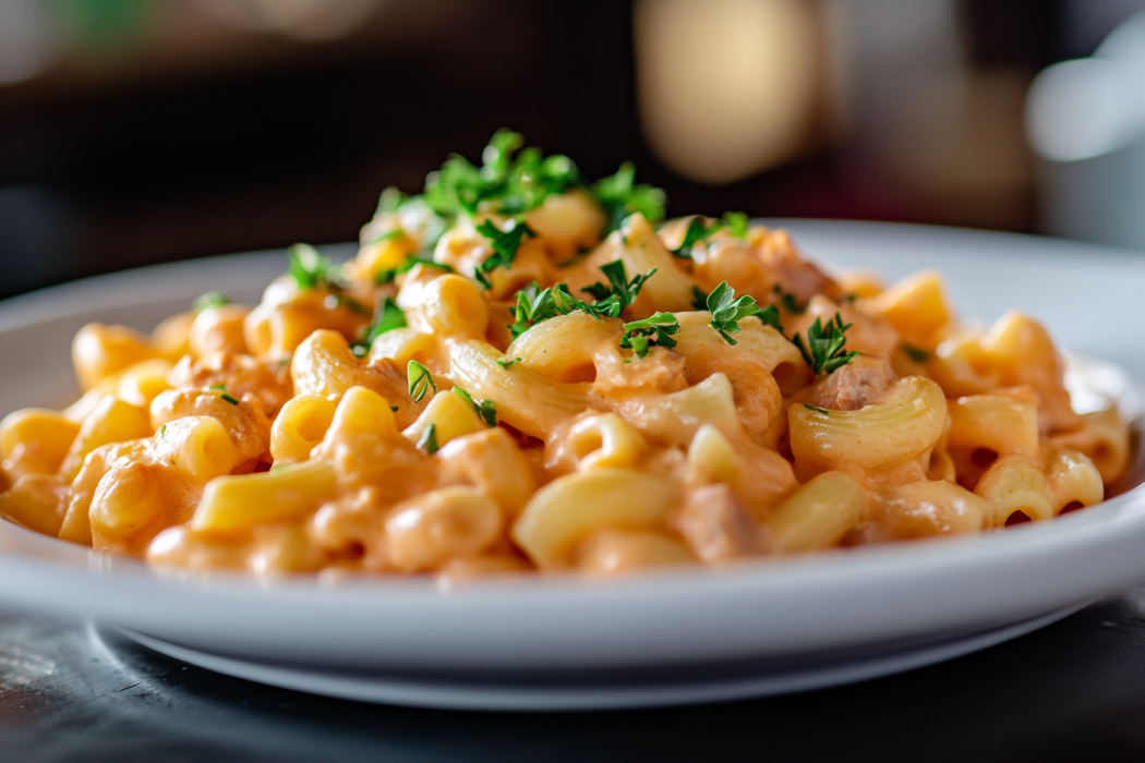 Tuna helper creamy pasta served in a bowl.