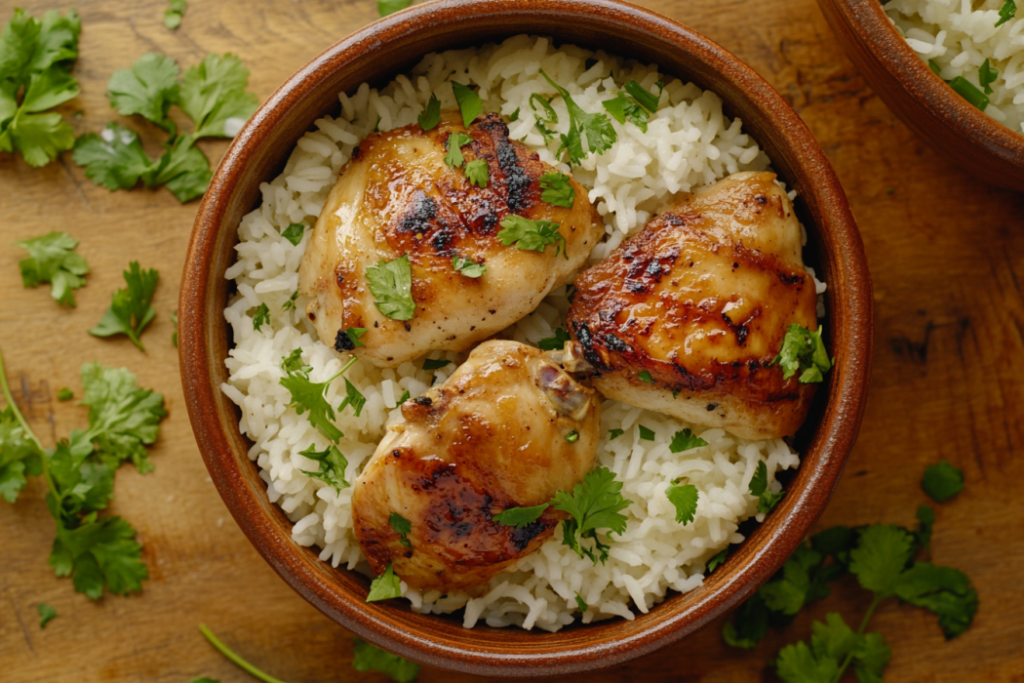 Cooking naturally rice and raw chicken together for a one-pot meal.