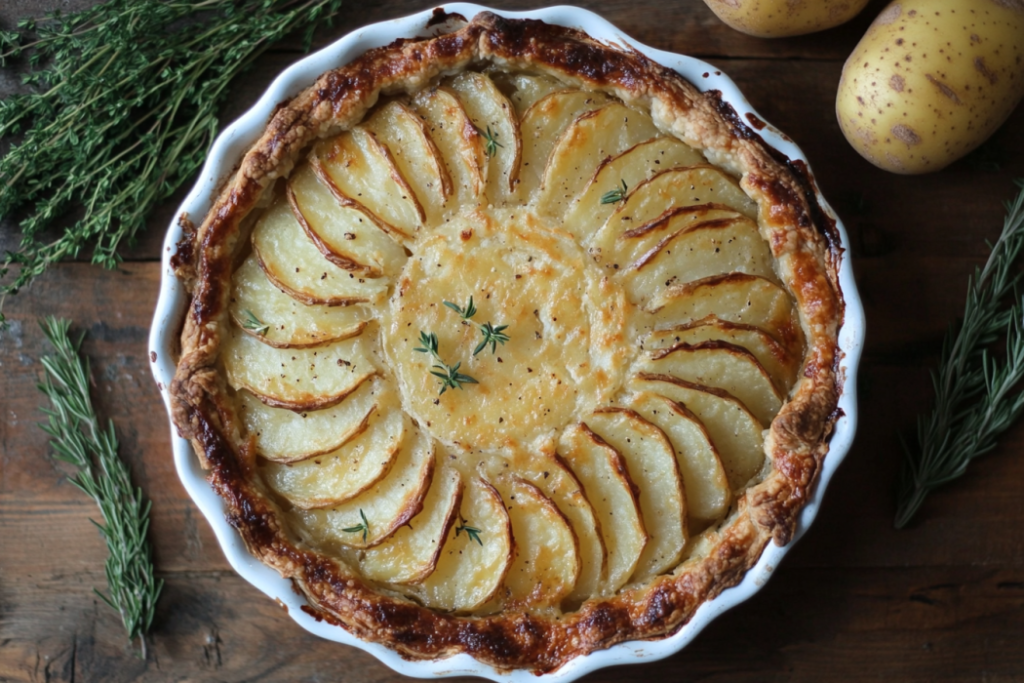 A delicious baked Passover potato pie sits on a plate.