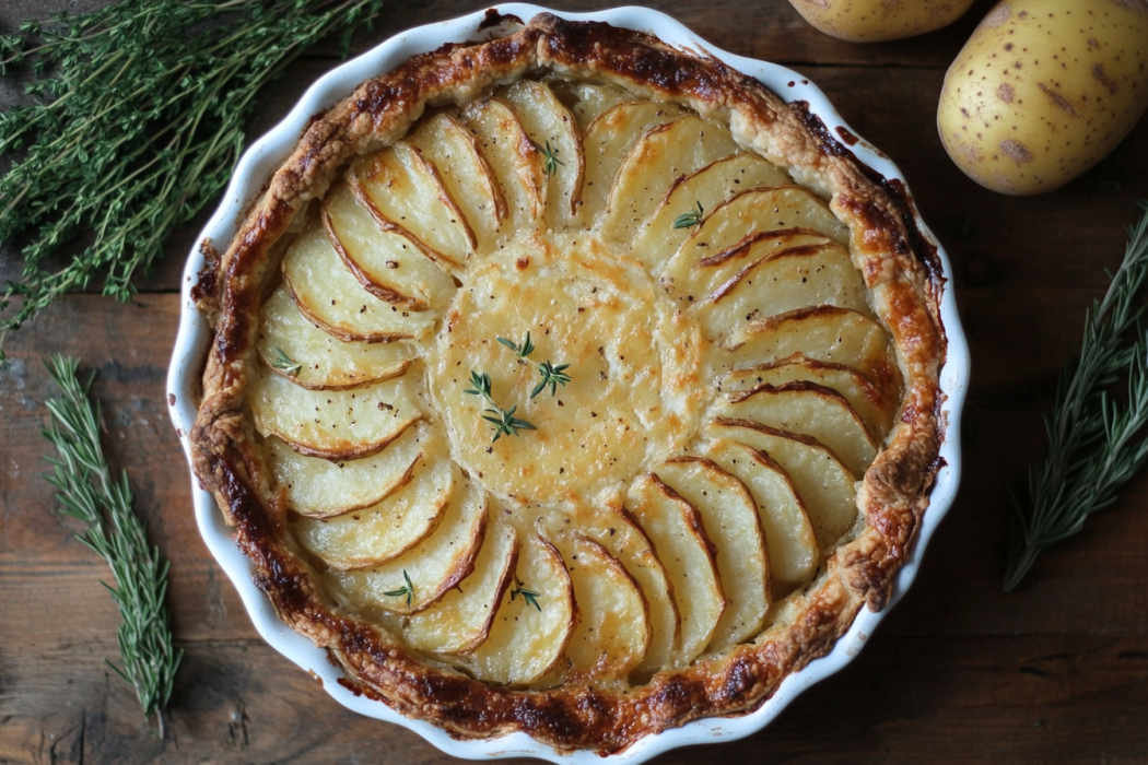 A delicious baked Passover potato pie sits on a plate.