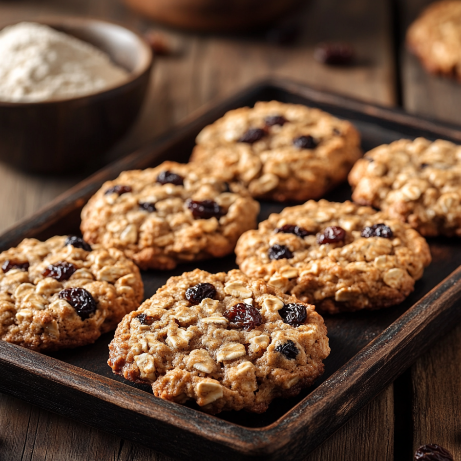 Tray of freshly baked oatmeal raisin cookies with a mix of soft and slightly crispy textures, placed on a rustic wooden table. Ingredients like oats, raisins, brown sugar, and flour are visible in the background, illuminated by warm natural light