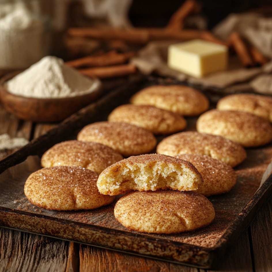 A plate of golden-brown snickerdoodle cookies with a signature cinnamon-sugar coating, set on a rustic wooden table with baking ingredients like butter and cinnamon sticks in the background.