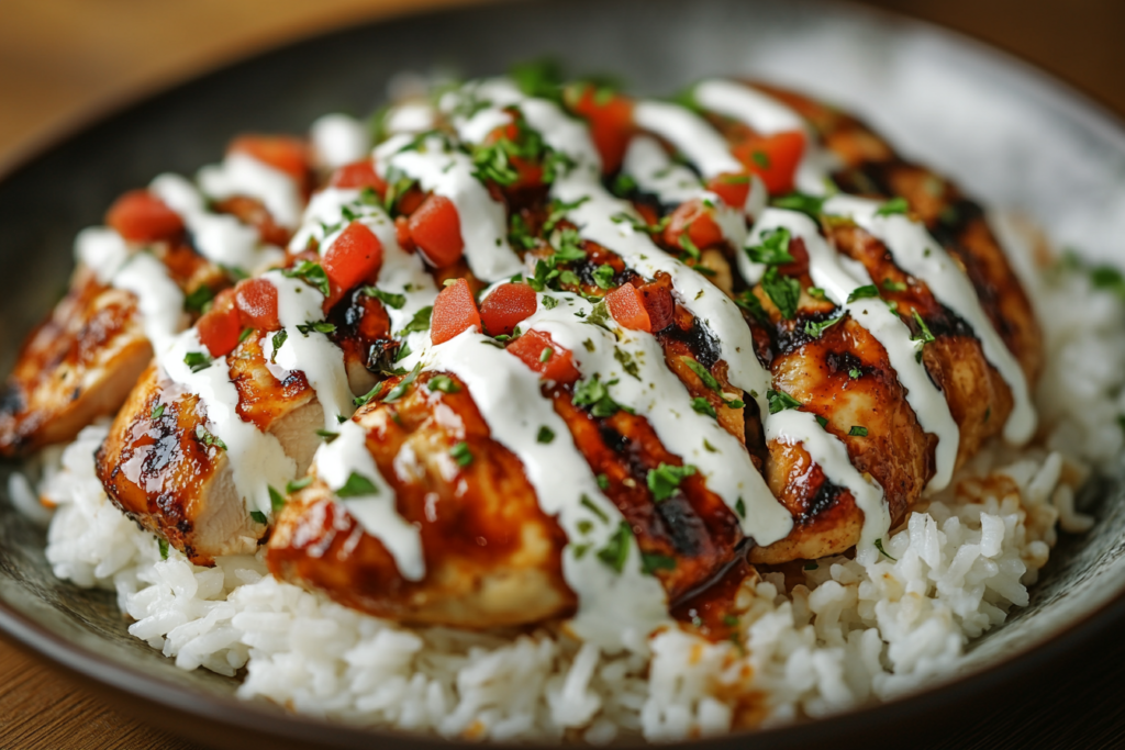 Chicken over rice with white and red sauces, a flavorful dish.