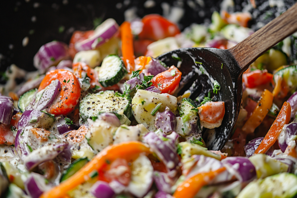 Creamy and delicious creamy vegetable pasta with mixed greens.