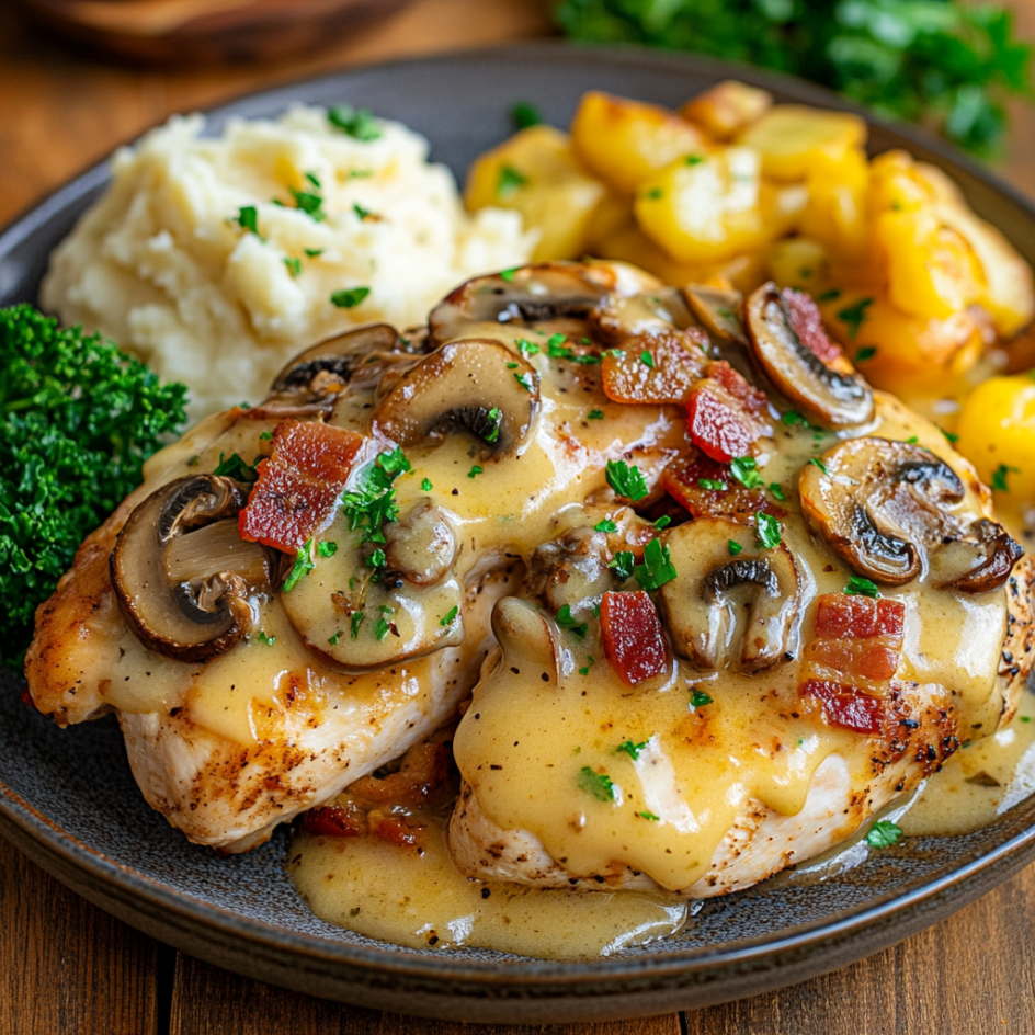 A plate of Alice Springs Chicken featuring grilled chicken breasts topped with sautéed mushrooms, crispy turkey bacon, and melted cheddar and Monterey Jack cheese, drizzled with creamy honey mustard sauce. Served with garlic mashed potatoes and steamed vegetables, garnished with fresh parsley for a vibrant and appetizing presentation.