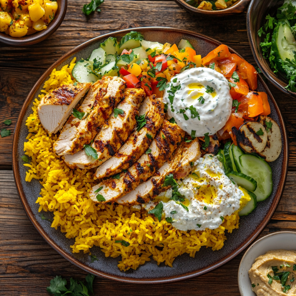 A plate of Chicken Over Rice featuring tender grilled chicken slices placed over golden, spiced rice, garnished with fresh parsley and drizzled with creamy white sauce. The dish is served alongside colorful side dishes like Greek salad, hummus with pita bread, and grilled vegetables on a rustic wooden table.