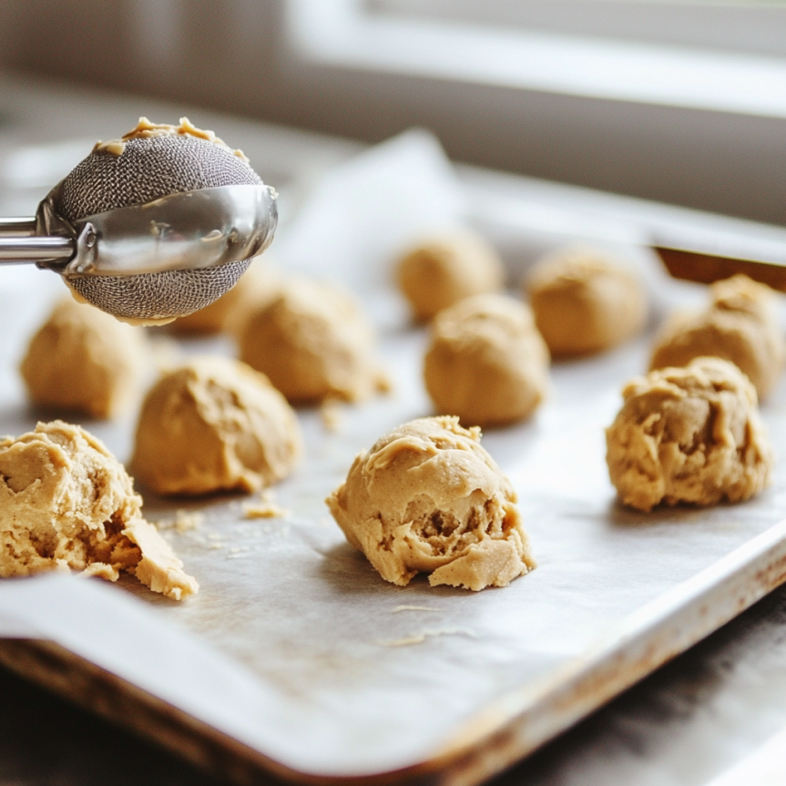 Frozen peanut butter cookie dough balls neatly arranged on a parchment-lined baking sheet, ready for flash freezing in a cozy kitchen setting