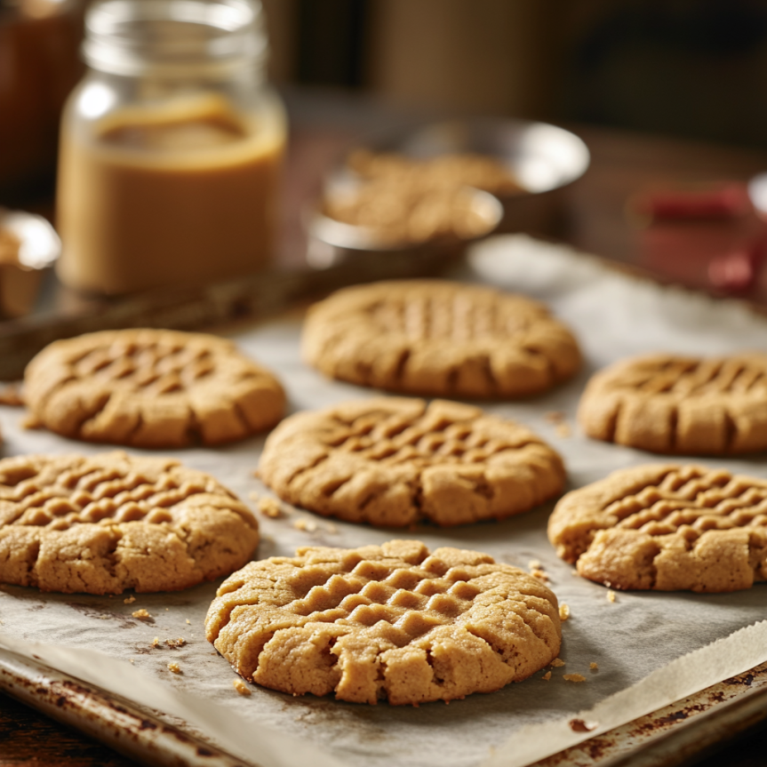 Butter-free peanut butter cookies arranged on a parchment-lined baking sheet, with a jar of peanut butter and other ingredients like vegetable oil and applesauce in the background, showcasing the dairy-free baking process.