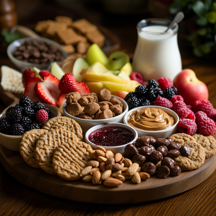 An elegant dessert board featuring peanut butter cookies with various pairings, including fresh fruits like berries and apple slices, nuts such as almonds and pecans, milk, hot chocolate, and dipping bowls with chocolate hazelnut spread and fruit jam. The board is arranged in a cozy kitchen setting with warm lighting, creating an inviting and sophisticated dessert presentation.