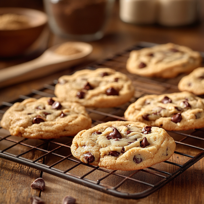 Freshly baked chewy cookies on a cooling rack, with golden brown edges, chocolate chips, and a soft, gooey center. Wooden spoon, cookie dough, and bowl of brown sugar nearby, creating a cozy kitchen scene.
