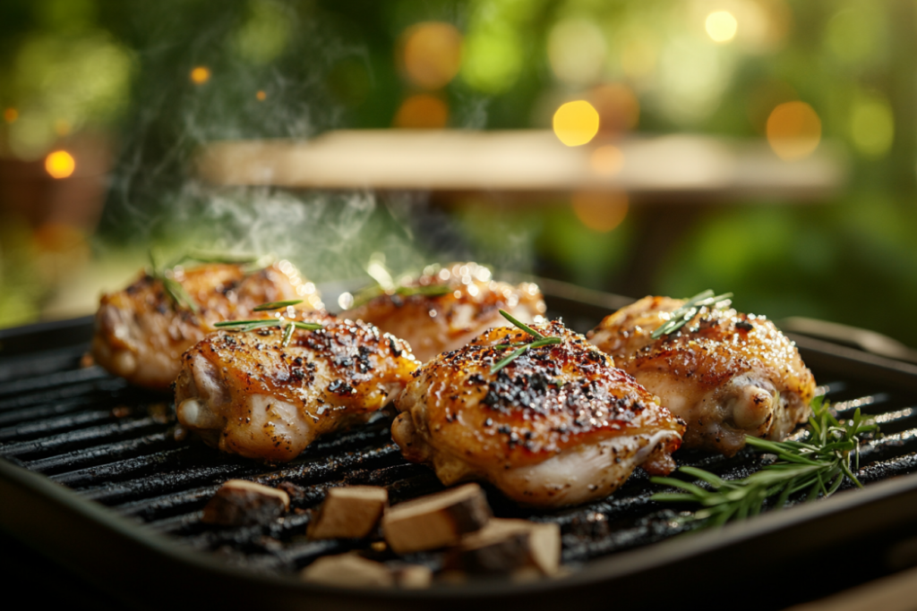 An outdoor smoker with chicken thighs cooking on the grill, surrounded by hickory wood chips, producing light smoke under a sunny backyard setting.