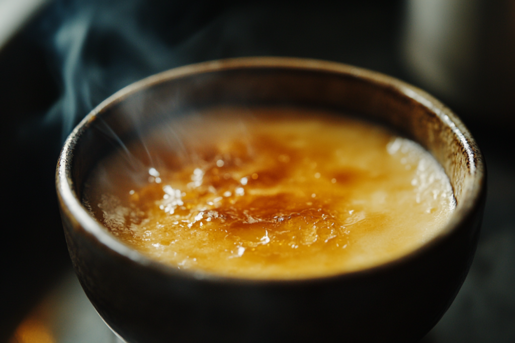 A close up of crème brûlée with a caramelized top.