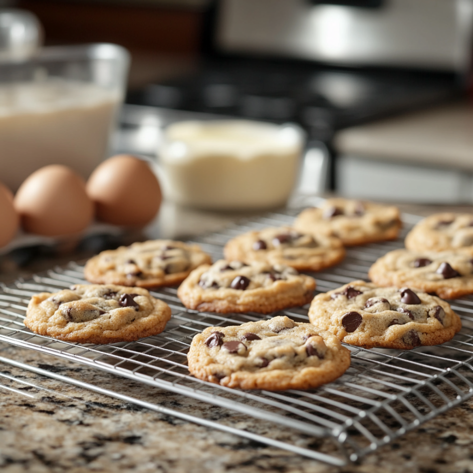 Close-up of freshly baked chewy chocolate chip cookies on a cooling rack, with soft golden edges and gooey centers. Baking ingredients like brown sugar, eggs, and butter are visible on the counter in the background, creating a warm, inviting kitchen scene.