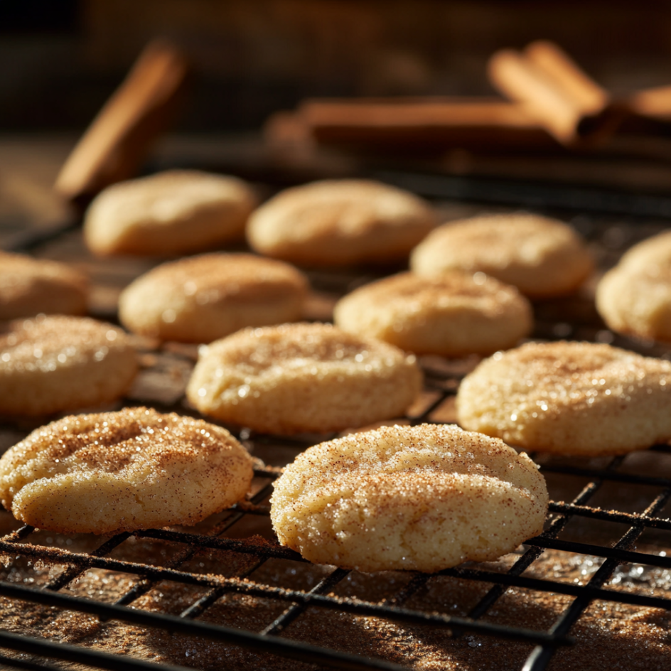 Close-up of freshly baked snickerdoodle cookies coated in cinnamon-sugar, placed on a cooling rack. Warm light highlights their golden-brown color, with cinnamon sticks and sugar sprinkled around, creating a cozy, nostalgic baking atmosphere.