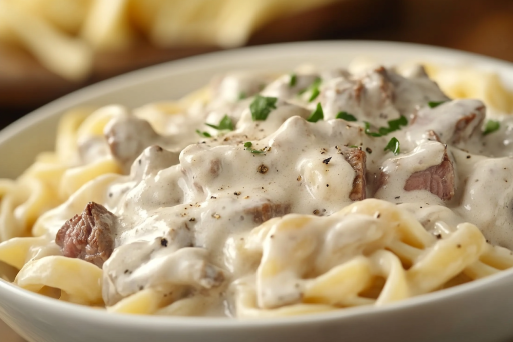 Creamy Steak Pasta dish, plated and ready to serve.