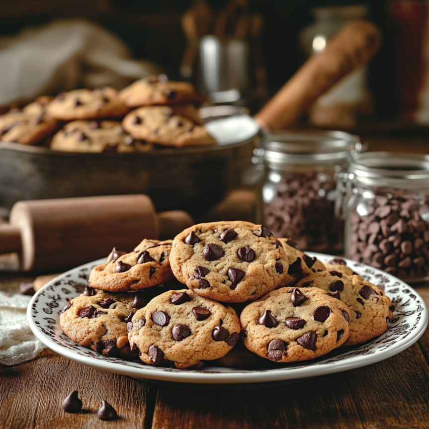 Freshly baked chocolate chip cookies on a large plate in a cozy kitchen setting, surrounded by baking tools like a rolling pin, a mixing bowl, and a jar of chocolate chips, with warm natural lighting to create a nostalgic and comforting atmosphere.