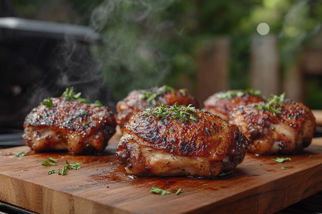 Perfectly smoked chicken thighs with golden-brown, crispy skin resting on a wooden cutting board, garnished with fresh herbs like rosemary, with light smoke visible in the background.