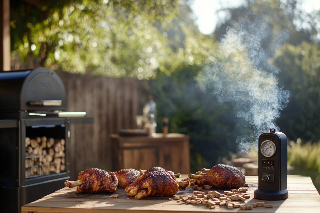 Smoker releasing flavorful smoke with golden-brown smoked chicken pieces on a rustic wooden table surrounded by barbecue tools, wood chips, and a sunny backyard setting.