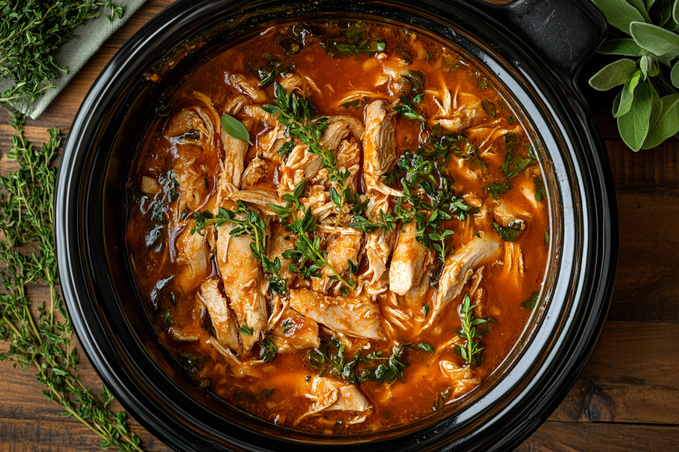 Crockpot frozen chicken being cooked in a slow cooker.