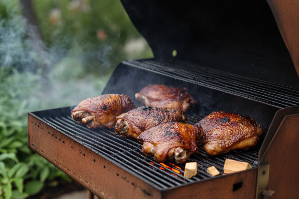 A close-up of golden-brown smoked chicken thighs resting on a smoker grill, with smoke rising around them, creating a rustic BBQ ambiance and highlighting the crispy skin and juicy texture