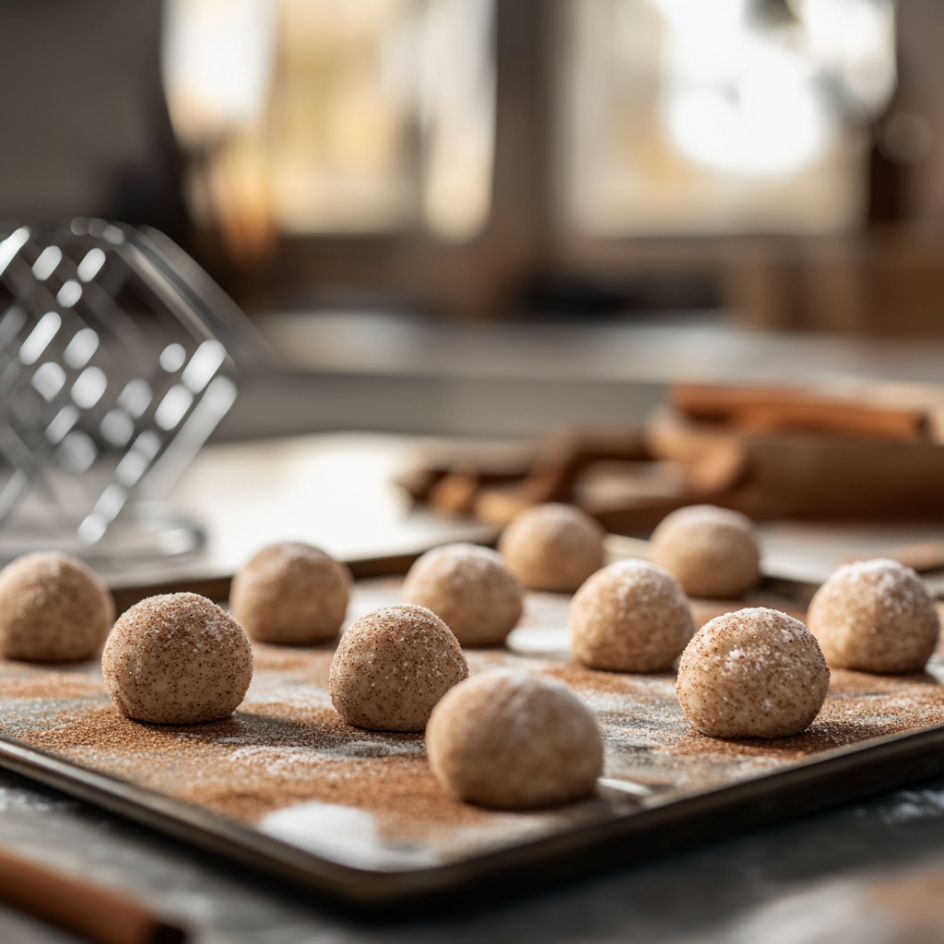 Snickerdoodle cookie dough rolled into balls on a baking sheet, ready for refrigeration. The scene includes cinnamon and sugar sprinkled around, set in a rustic kitchen with warm lighting.