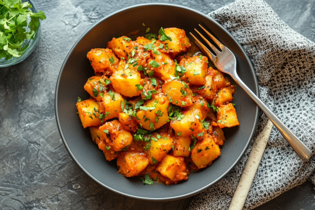 Smothered potatoes in a rustic bowl ready to eat.