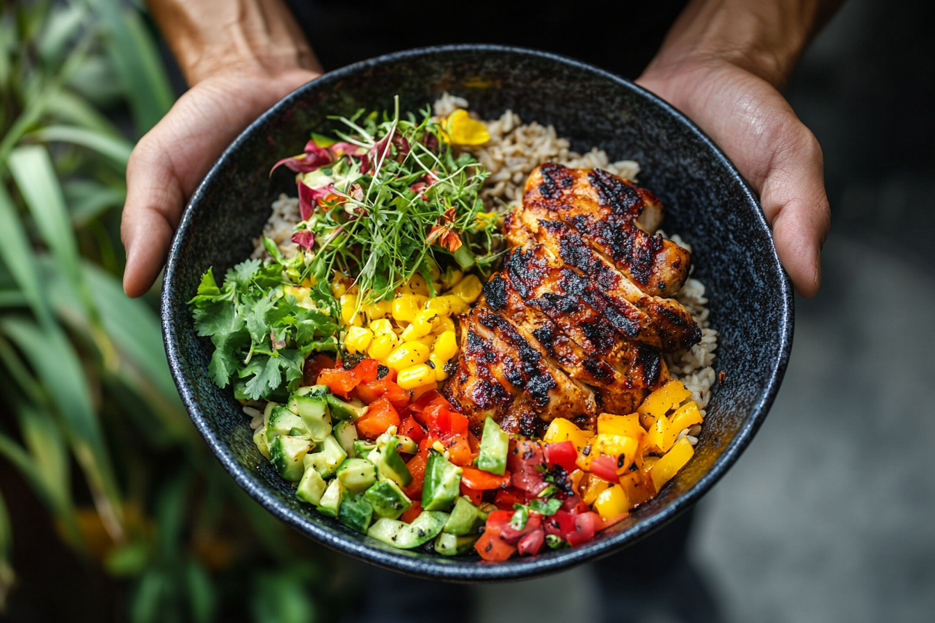 Naturally healthy grilled chicken over rice meal