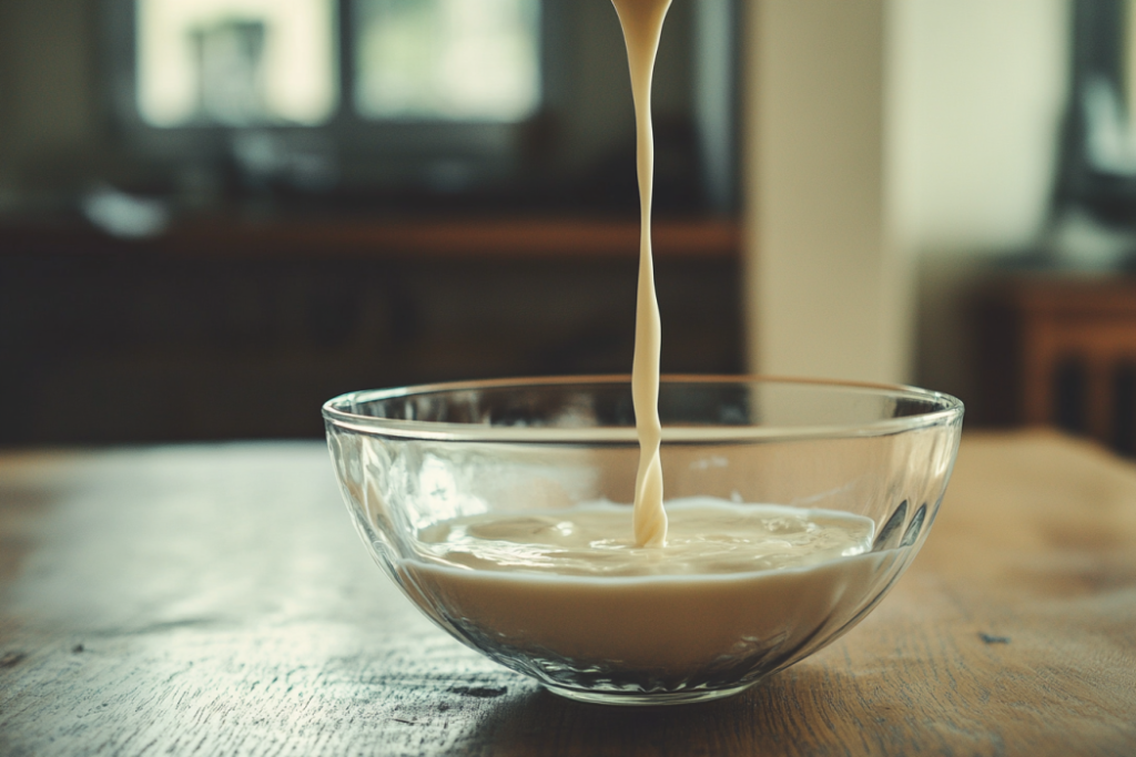 Cream is shown poured into a bowl, representing the key ingredient for a perfect crème brûlée.