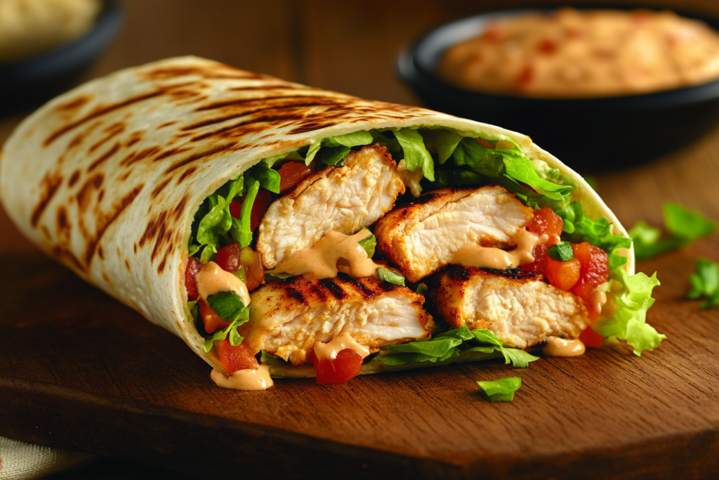 Delicious Baja chicken wrap with fresh vegetables.