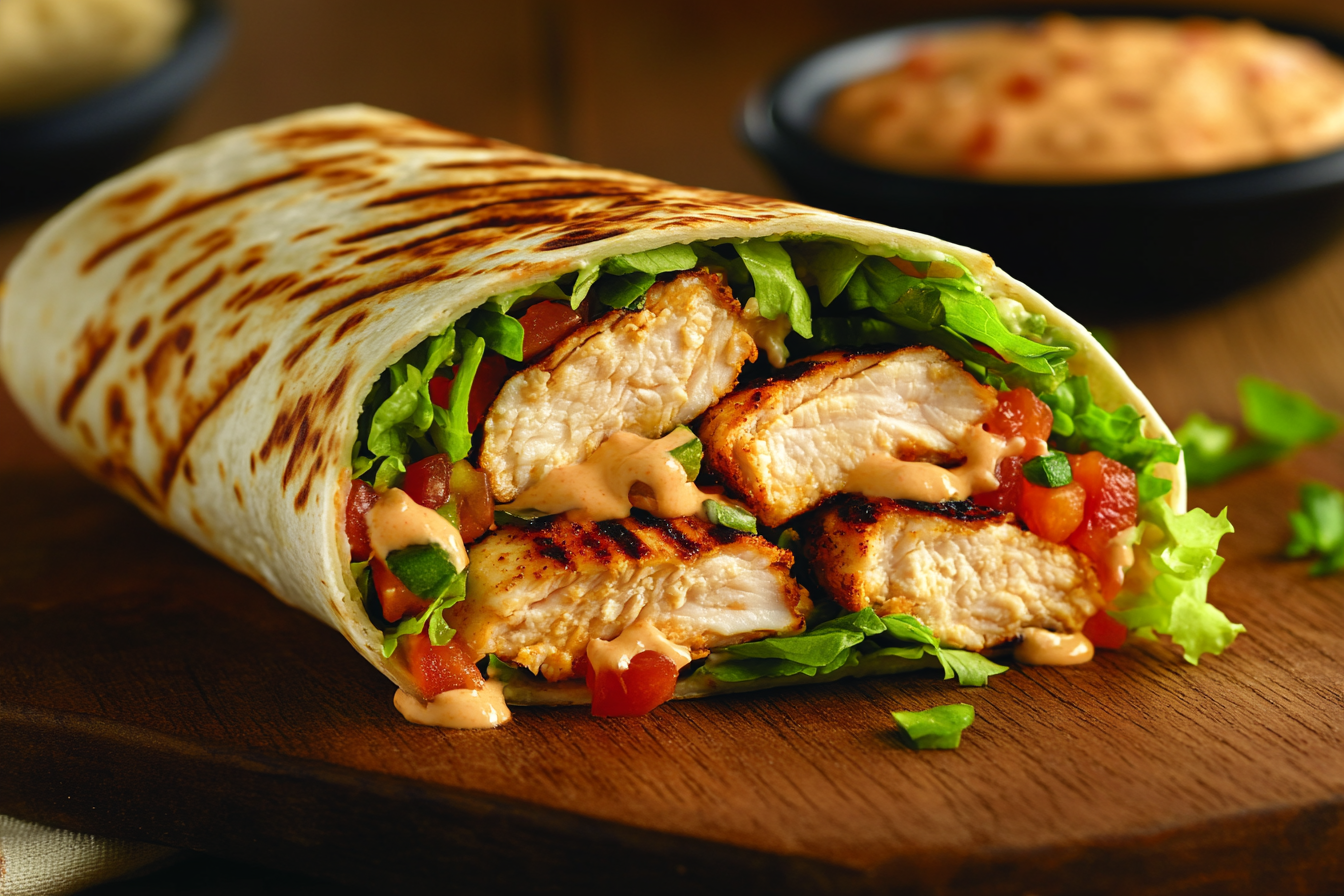 Delicious Baja chicken wrap with fresh vegetables.