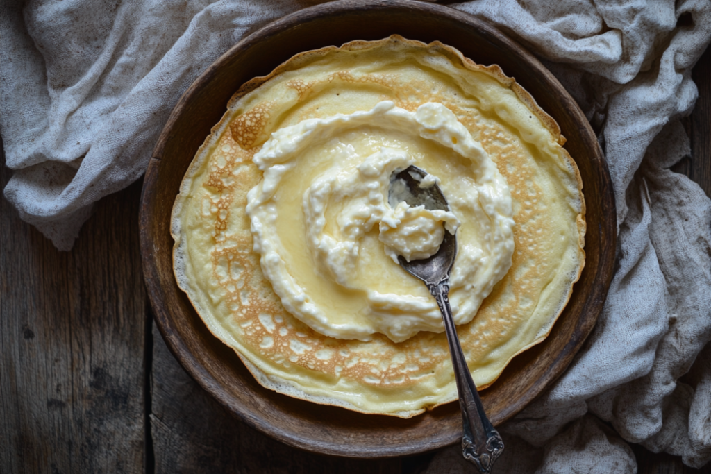 A close up of cream cheese crepe filling.