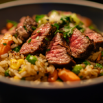 Delicious homemade steak fried rice with mixed vegetables.